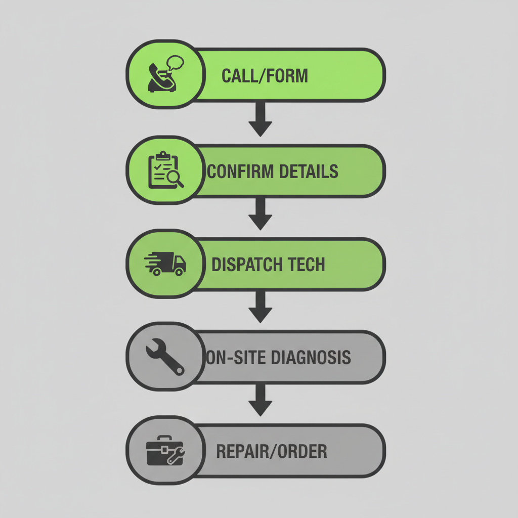 Description: Vertical process flow showing 5 steps for same-day appliance repair dispatch, from initial contact to completed service, for Wolf and Sub Zero appliances in Los Angeles.