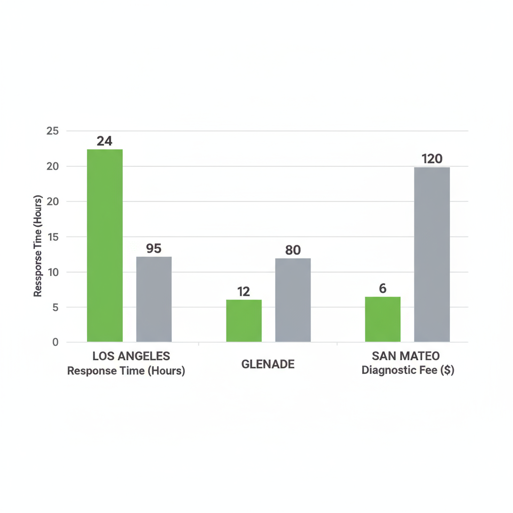 Description: Bar chart comparing appliance repair response times and diagnostic fees for Los Angeles, Glendale, and San Mateo