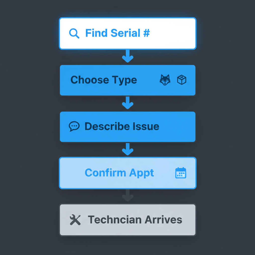 A 5-step vertical process flow showing how to request rapid appliance repair service from Wolf and Sub Zero Professionals.