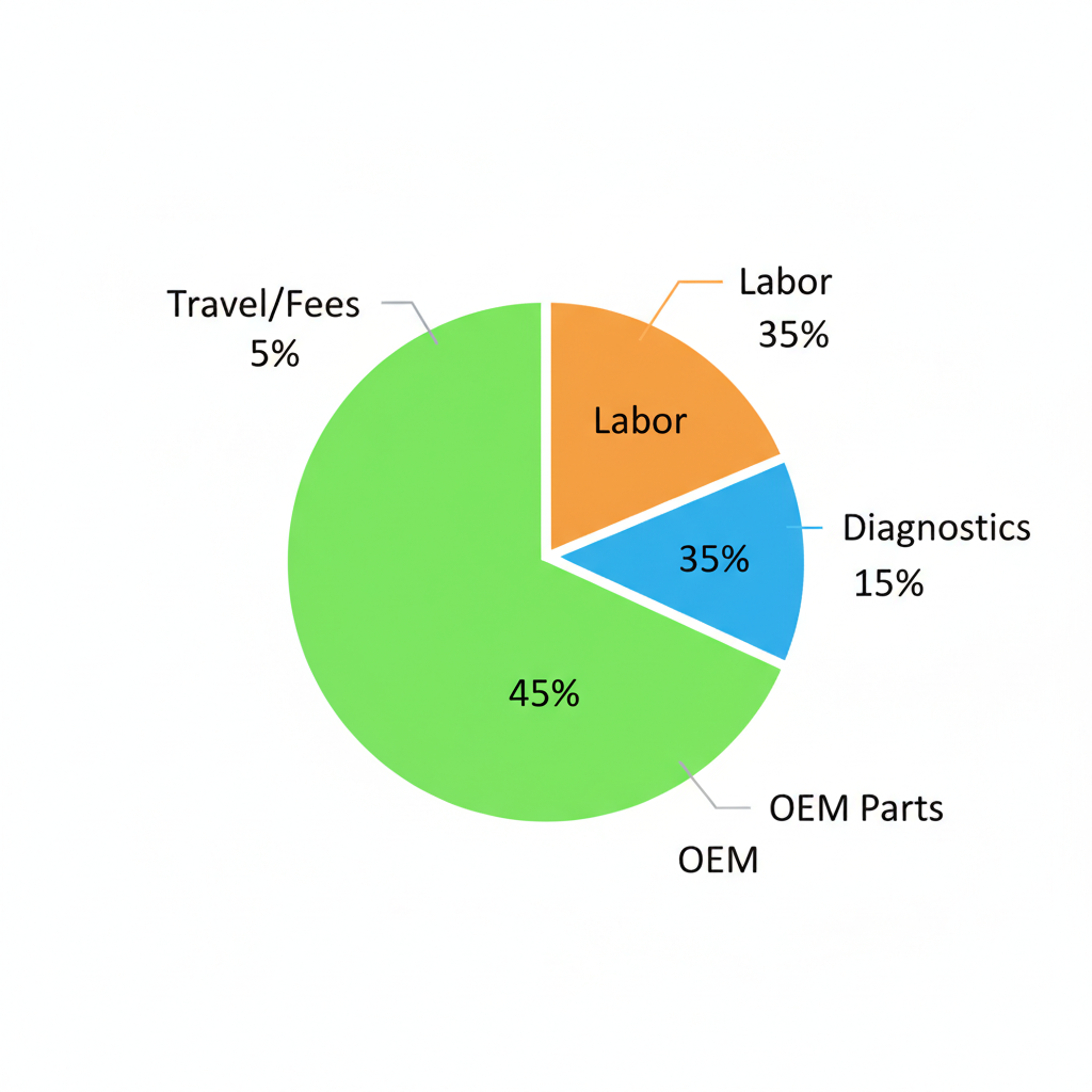 Pie chart illustrating the typical cost breakdown for Sub-Zero appliance repair, showing percentages for diagnostics, labor, OEM parts, and travel fees.