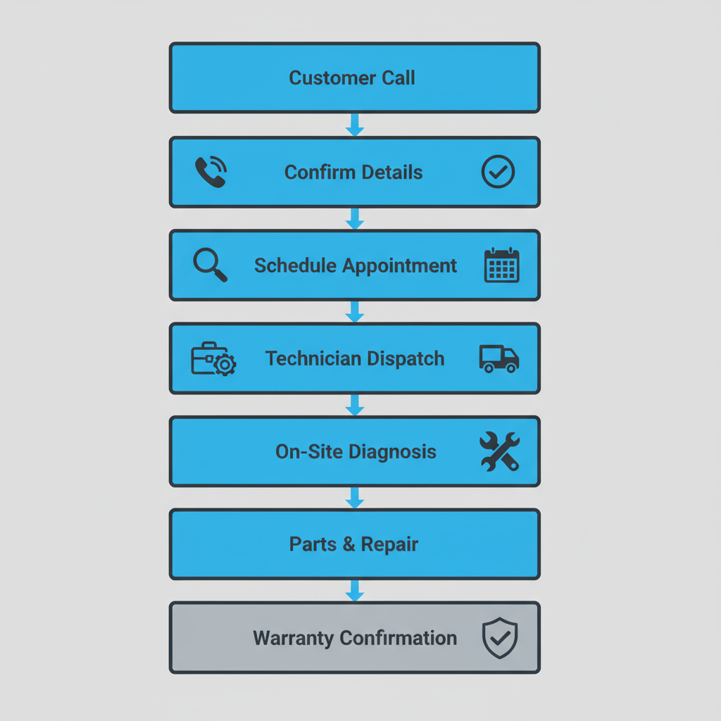 A vertical process flow illustrating the 7 steps of booking an appliance repair service with Wolf and Sub Zero Professionals, from initial contact to warranty confirmation.