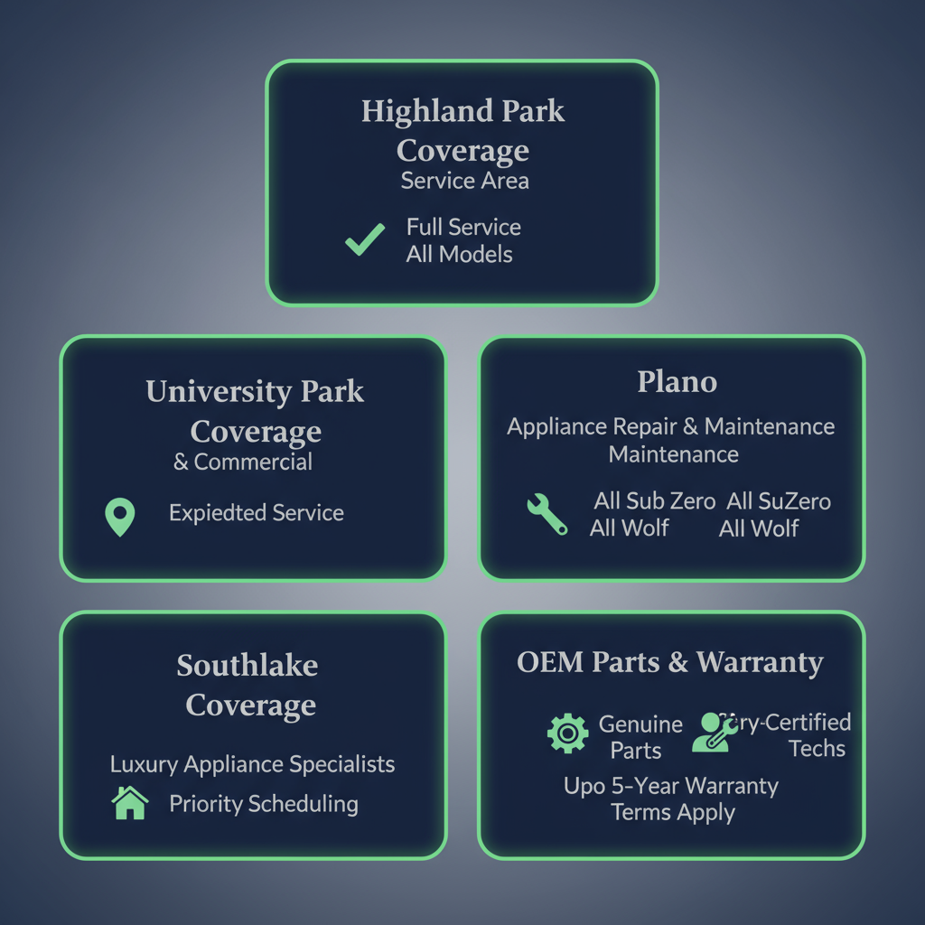 Infographic showing service coverage areas for Wolf and Sub Zero Professionals in DFW and details about OEM parts and warranty.