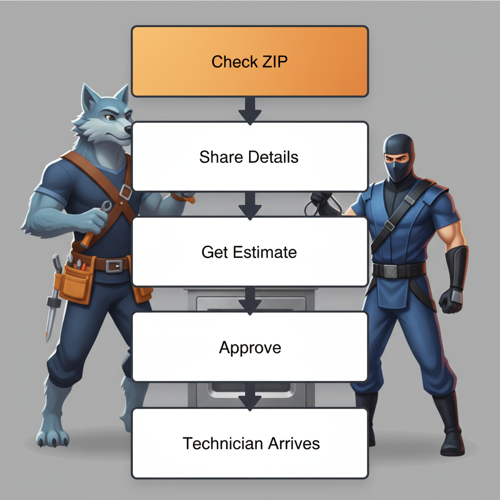 A vertical process flow illustrating the five steps to schedule a Wolf and Sub Zero appliance repair service, from checking ZIP code to technician arrival.