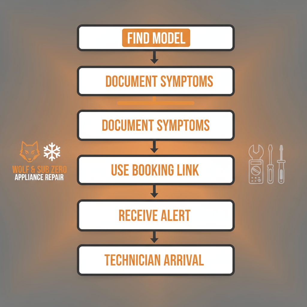 Vertical process flow showing 5 steps for preparing for a Wolf and Sub Zero appliance repair technician's visit, including finding model numbers, documenting symptoms, using the booking link, receiving a pre-arrival alert, and technician arrival.