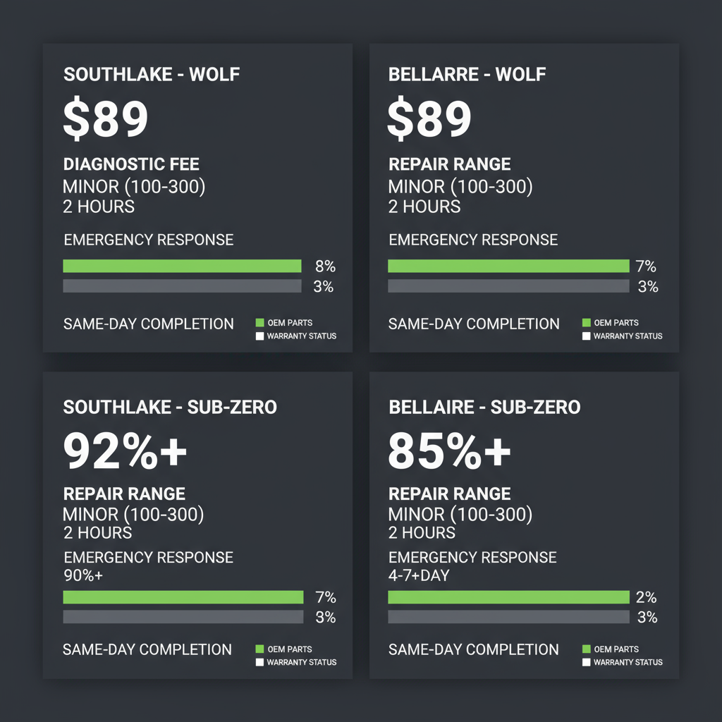 Infographic detailing Wolf and Sub-Zero appliance repair service metrics including diagnostic fees and emergency response times.