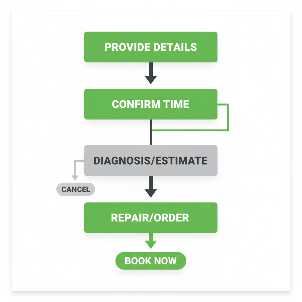 Four-step vertical process flow showing the booking and repair sequence for Sub-Zero appliance service, including providing details, confirming appointment, diagnosis, and final repair.