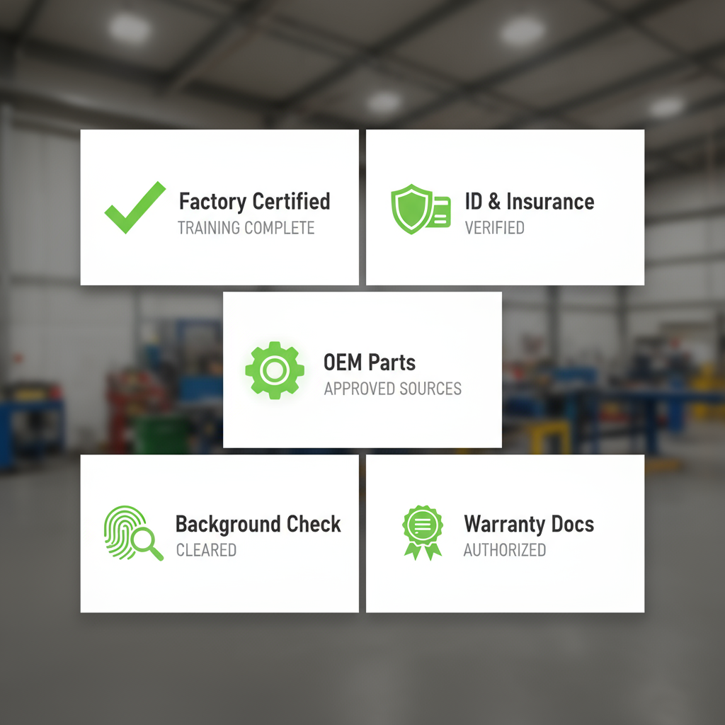 Infographic detailing a technician qualification checklist for Wolf and Sub-Zero appliance repair, showing five key certification and verification steps including factory certification, ID and insurance, OEM parts, background check, and warranty.