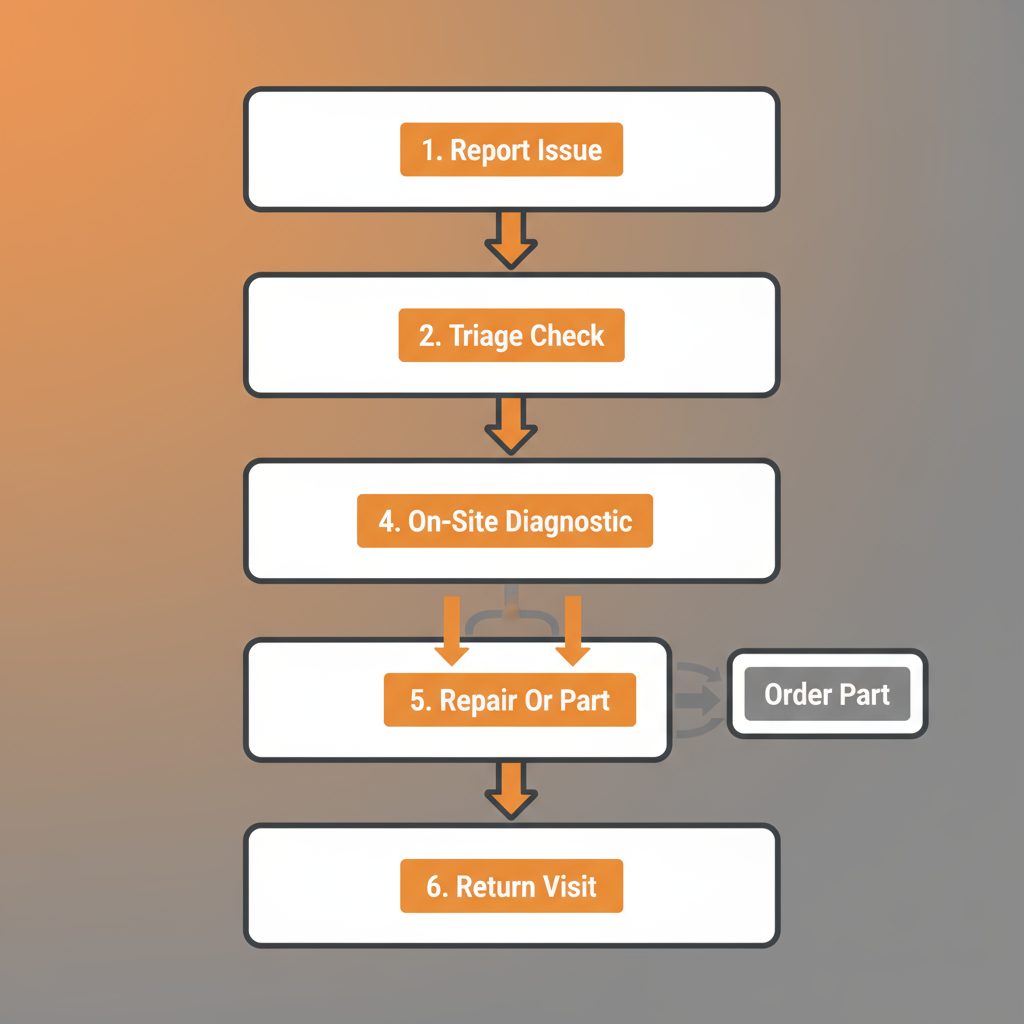A vertical process flow illustrating the six steps of the emergency appliance repair dispatch sequence, from reporting an issue to repair completion, emphasizing same-day service.