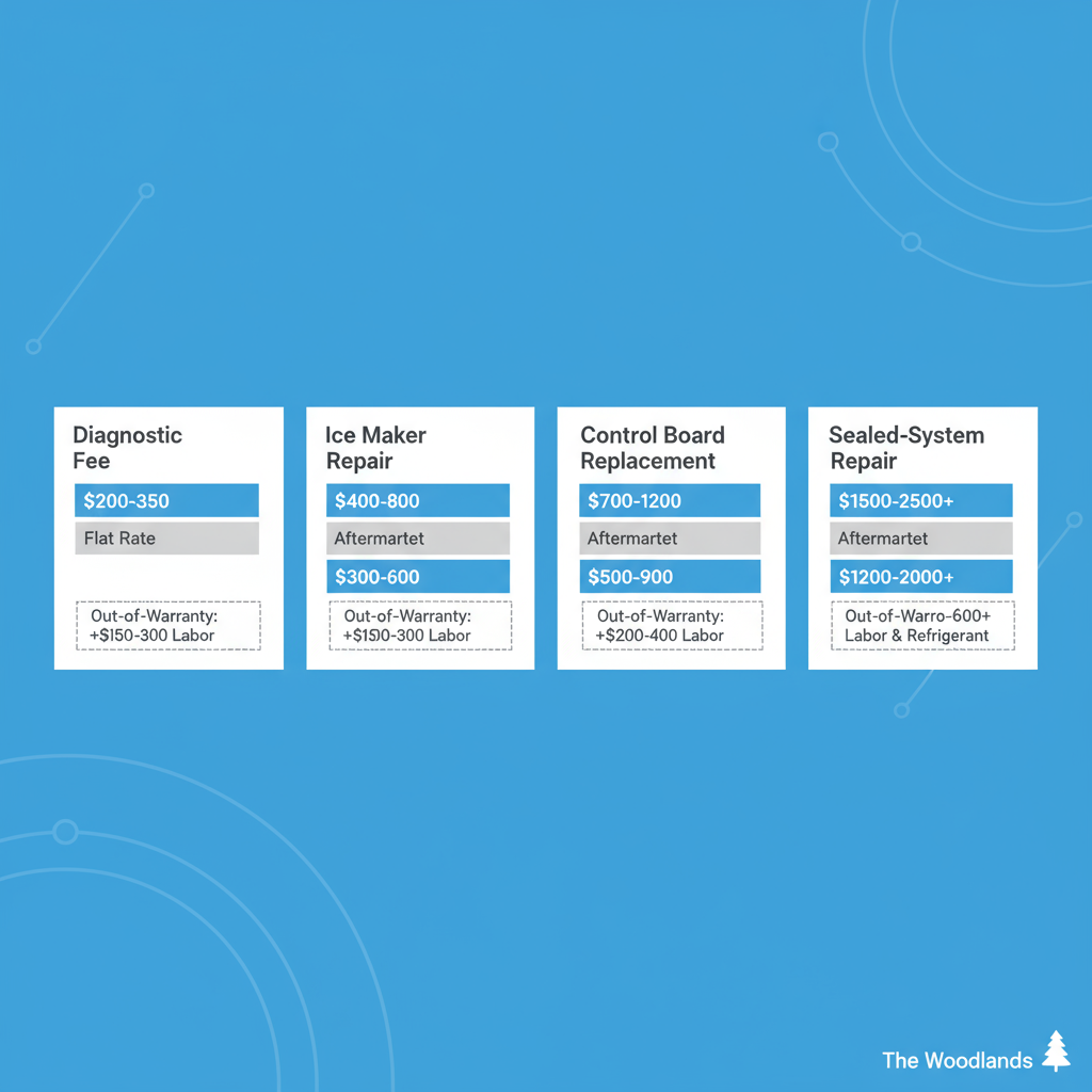 Data visualization depicting price ranges for common Sub-Zero appliance repairs in The Woodlands, detailing diagnostic, ice maker, control board, and sealed-system costs.