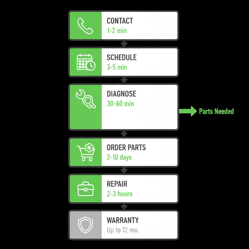 Vertical process flow illustrating the six steps of Sub-Zero refrigerator repair: Contact, Schedule, Diagnose, Order Parts, Repair, and Warranty.