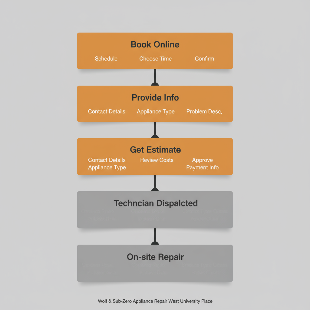 A 5-step vertical process flow explaining how to schedule appliance repair service with Wolf and Sub Zero Professionals in West University Place.