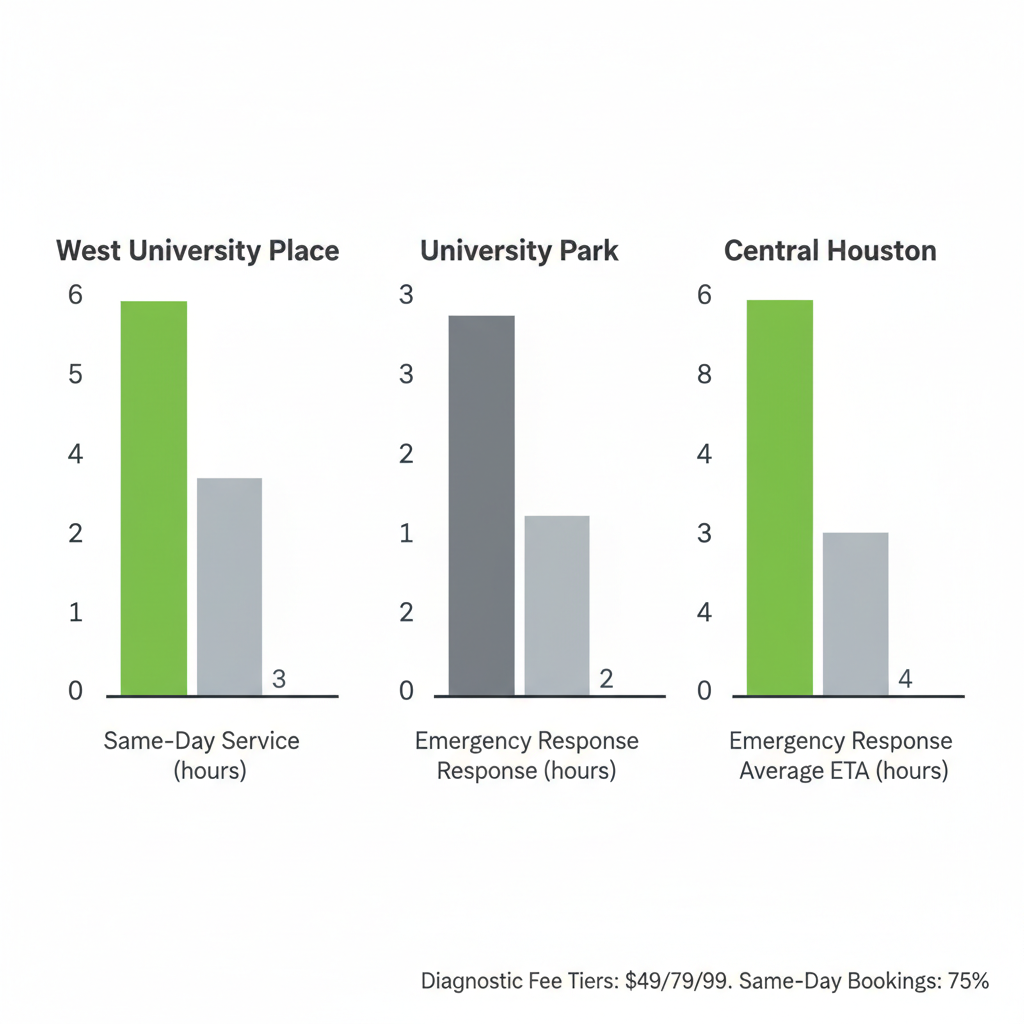 Bar chart visualizing same-day service, emergency response, and average ETA for appliance repair across West University Place, University Park, and Central Houston.