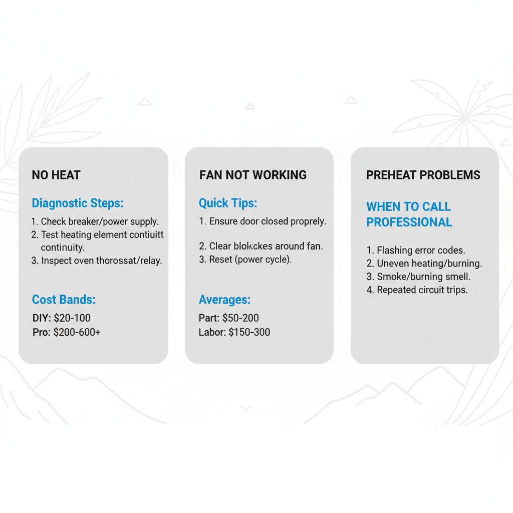 Infographic illustrating common Thermador oven problems, diagnostic steps, costs, and professional service indicators
