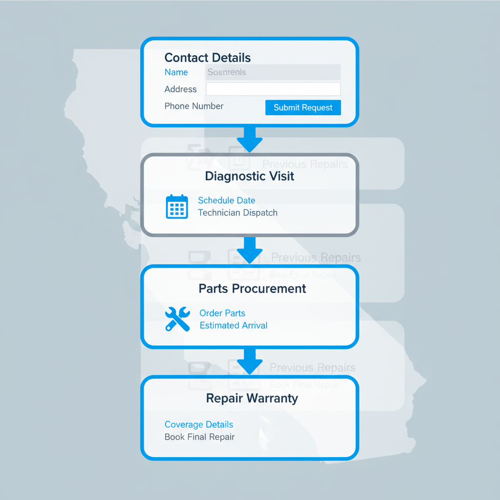 Vertical process flow illustrating the four steps to start Thermador appliance repair service
