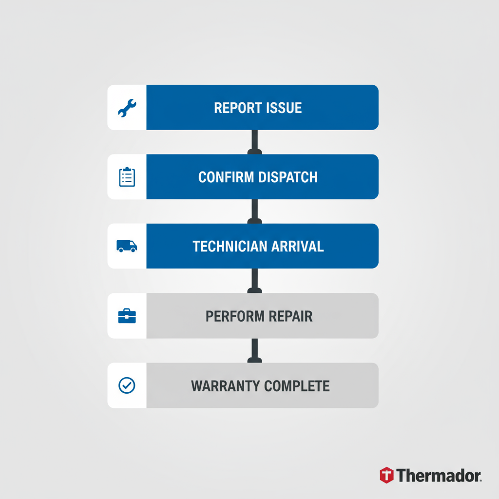 Vertical process flow diagram showing five steps of Thermador appliance repair journey from problem reporting to warranty completion