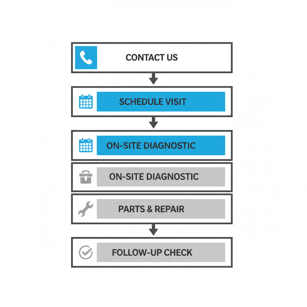 Vertical process flow diagram illustrating five steps of Thermador appliance repair booking and service in Irvine