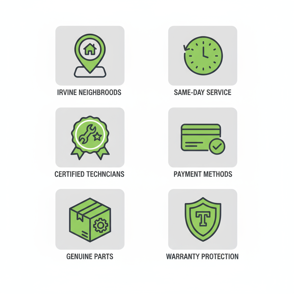 Set of icons depicting Irvine service areas, certified technicians, genuine parts, same-day service, payment options, and warranty for Thermador repairs
