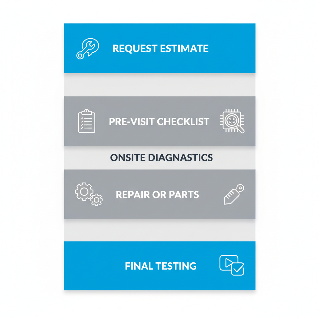 Vertical illustration of five-step Thermador appliance repair service process from estimate request to final testing