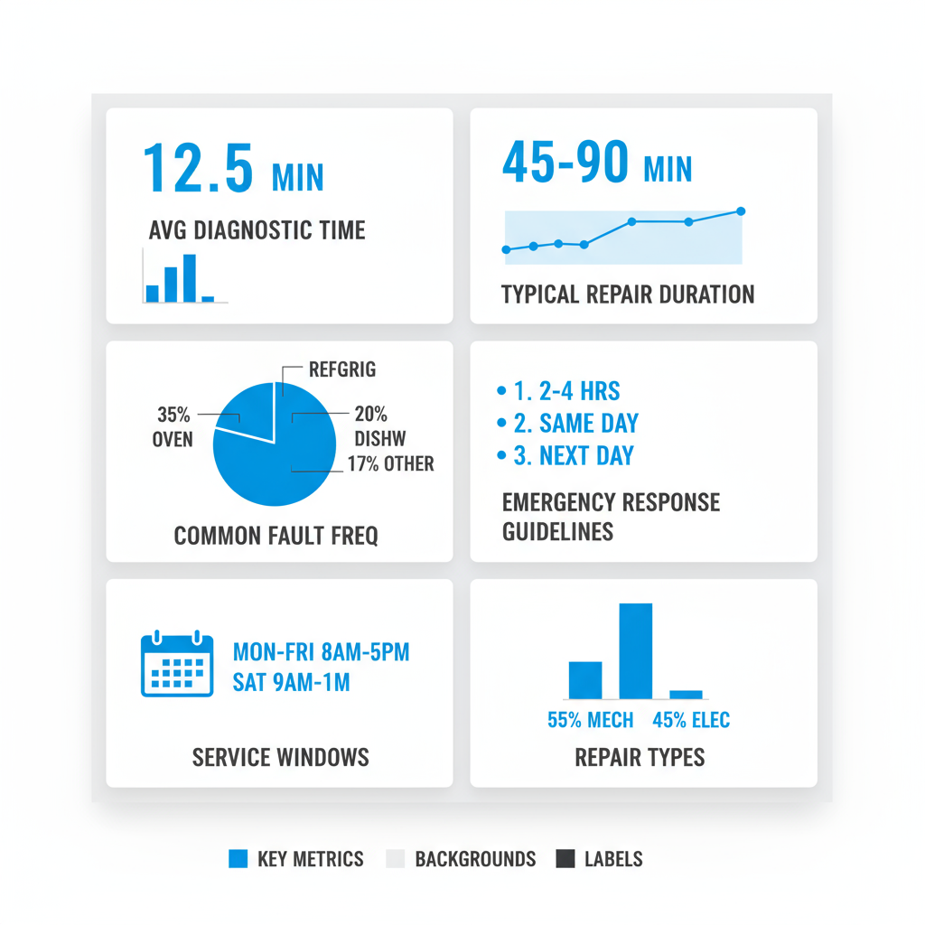 Square data visualization displaying Thermador repair metrics including diagnostic times, repair durations, fault frequencies, and response guidelines for San Jose areas