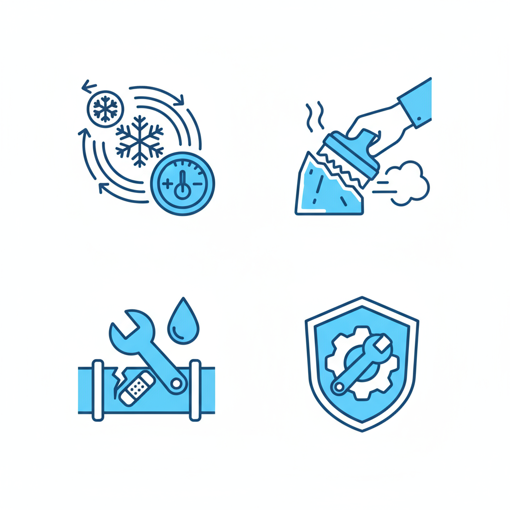 Illustrative icons of common refrigerator repair services including cooling, defrosting, leak fixes, and brand maintenance
