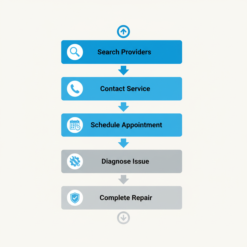 Vertical illustration of five-step appliance repair booking process with icons and arrows