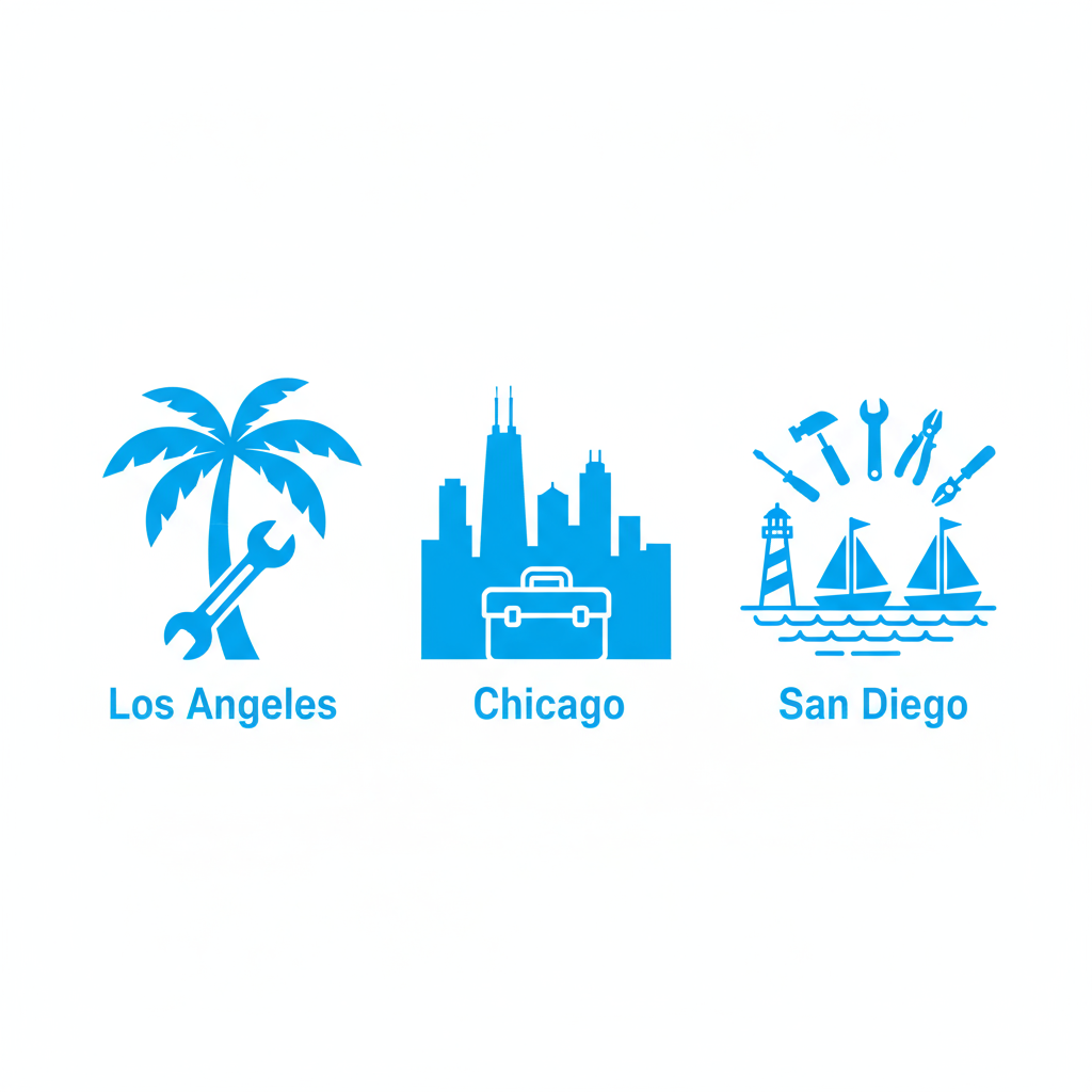 Illustrative icons showing appliance repair services in Los Angeles, Chicago, and San Diego