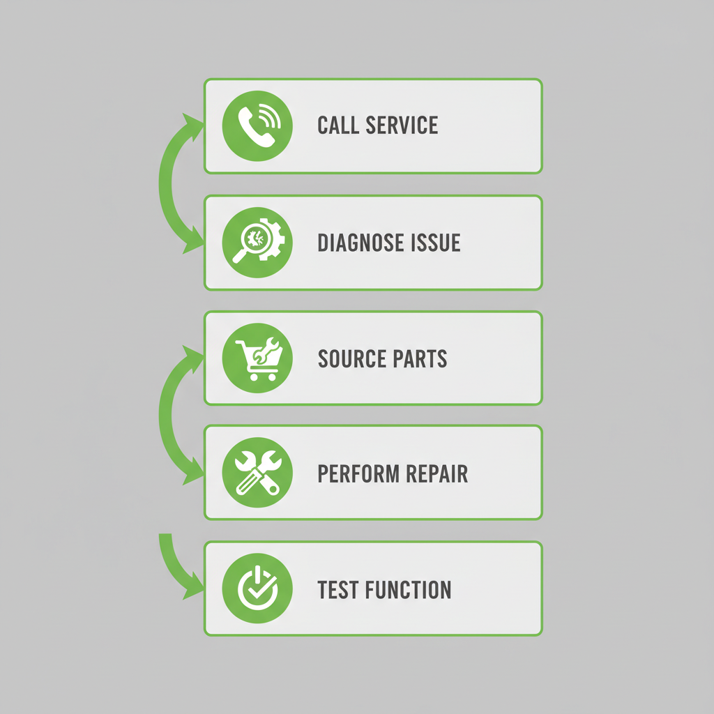 Vertical flowchart illustrating the five-step appliance repair process from call to testing