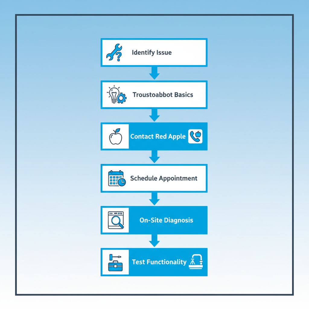 Vertical illustration of seven-step process for dishwasher repair service initiation