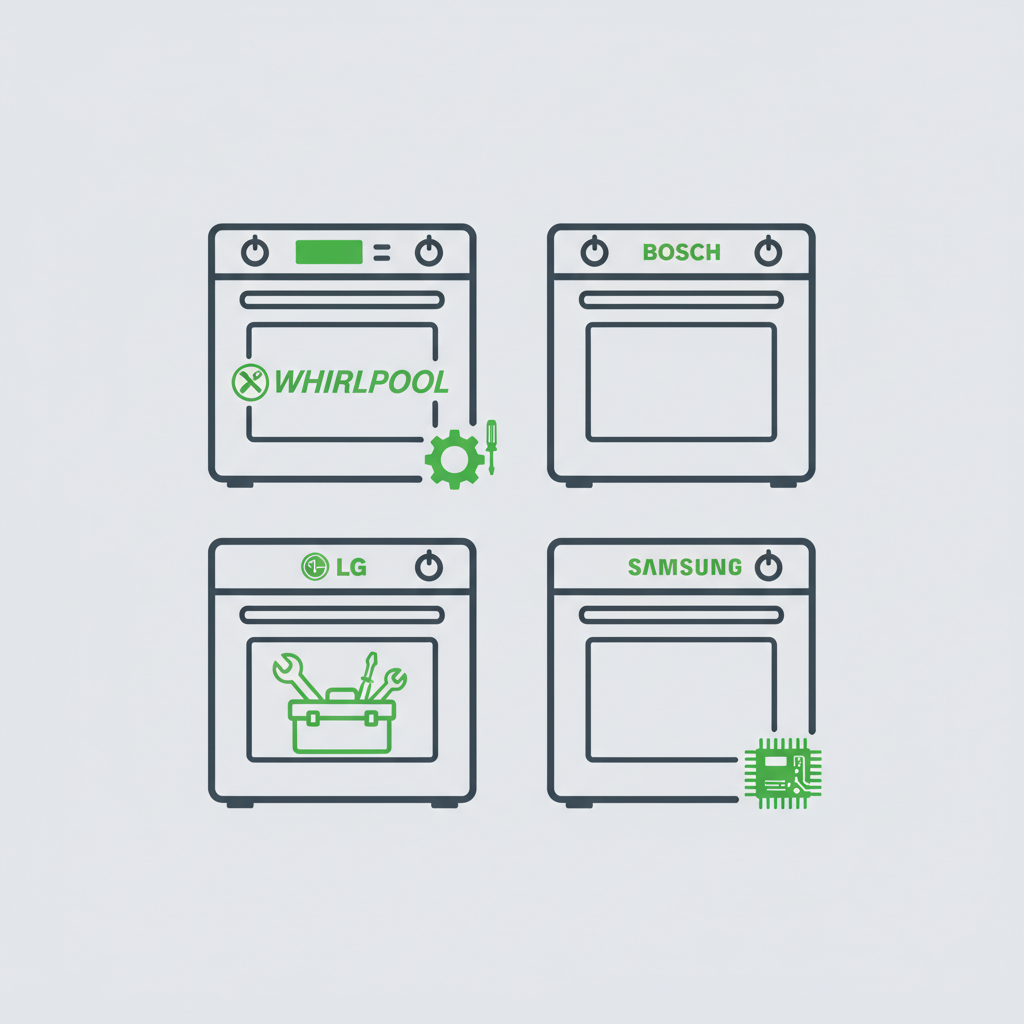 Icon set displaying Whirlpool, Bosch, LG, and Samsung oven brands for local appliance repair services