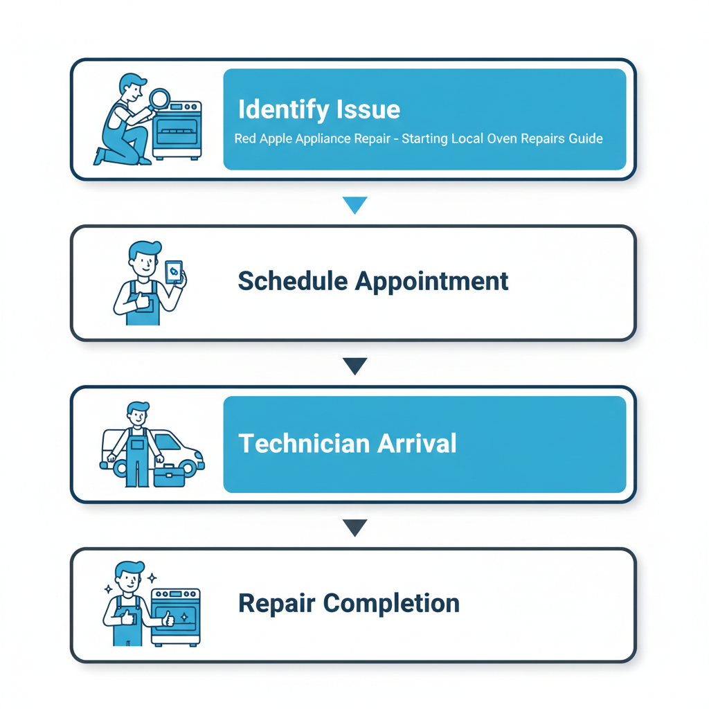 Vertical process flow diagram showing steps to begin local oven repairs with technician icons