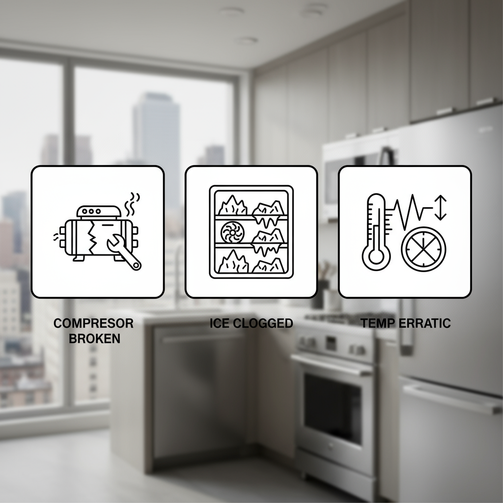 Icons showing common Thermador refrigerator problems: compressor, ice, and temperature issues