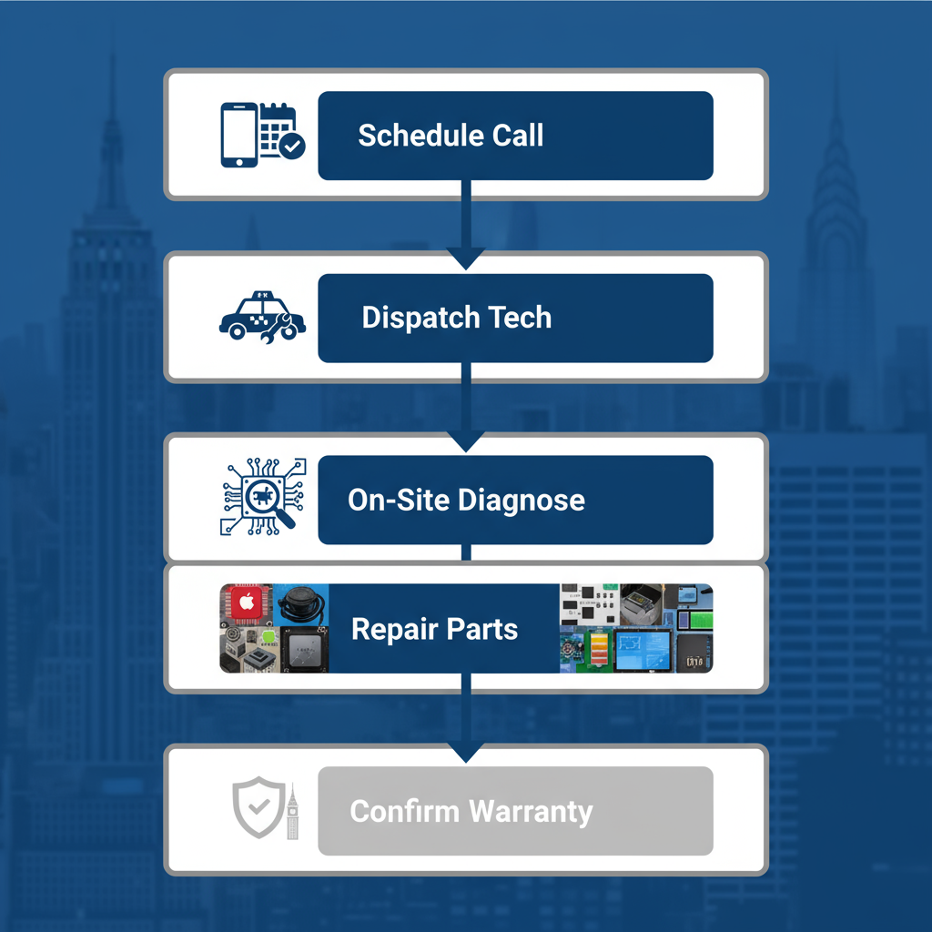 Vertical flowchart depicting five steps of Red Apple Appliance Repair initiation process with icons