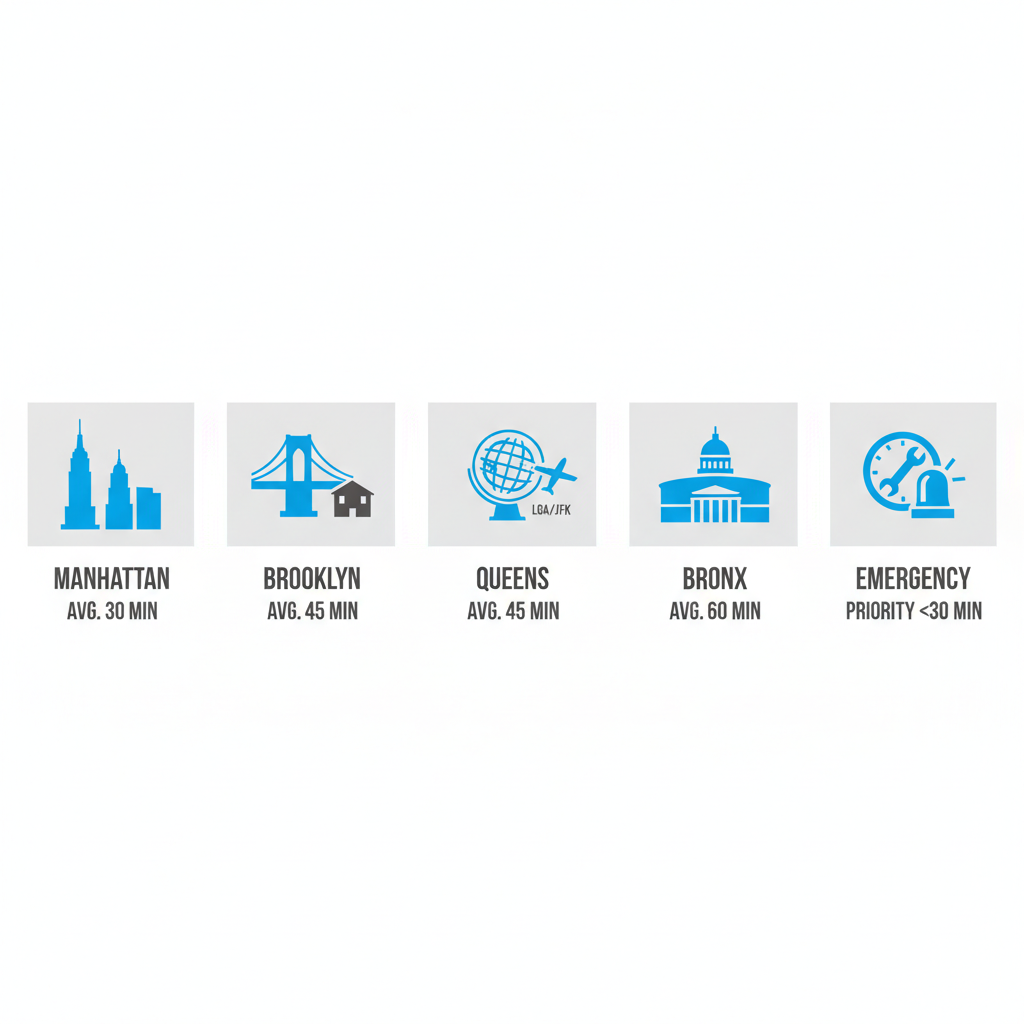 Infographic illustrating Red Apple Appliance Repair coverage in NYC areas with response time icons