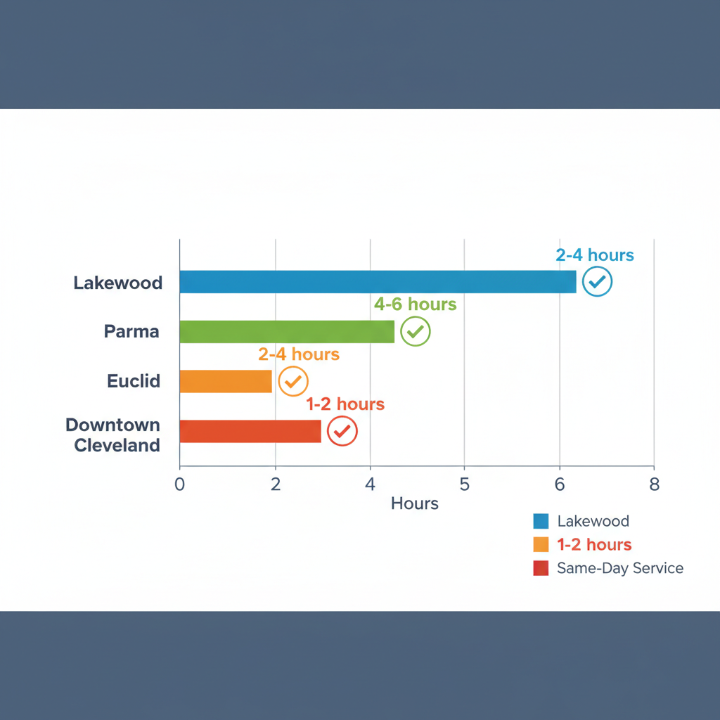 Horizontal bar chart of average response times for refrigerator repairs across Greater Cleveland suburbs including Lakewood, Parma, Euclid, and Downtown with same-day service indicators