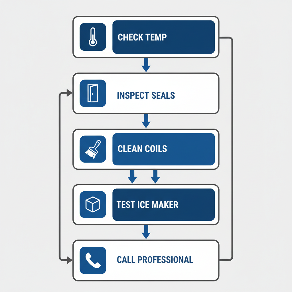 Vertical flowchart illustrating step-by-step refrigerator troubleshooting process for Cleveland area