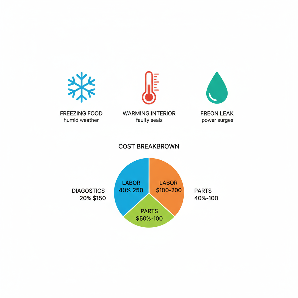 Infographic illustrating common refrigerator issues with icons and repair cost pie chart breakdown including local Cleveland factors