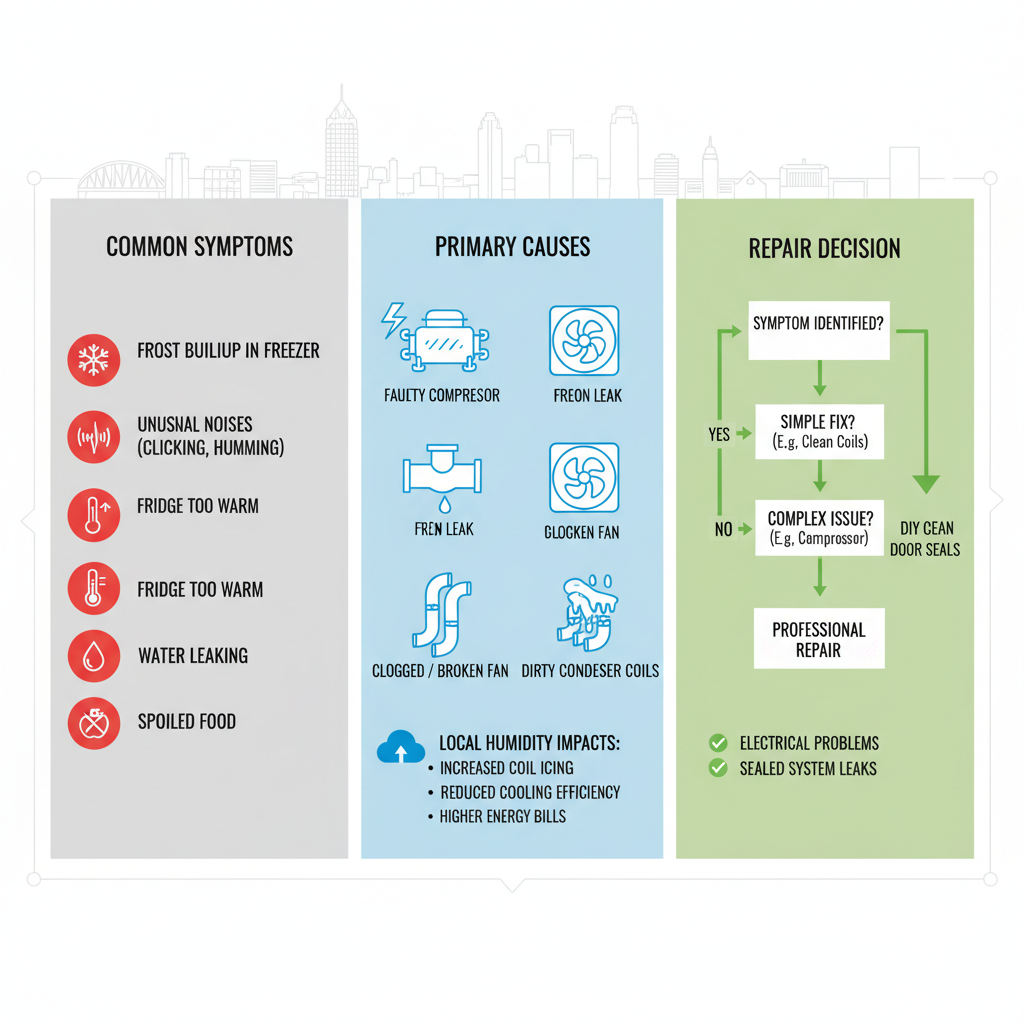Infographic illustrating signs, causes, and repair decisions for common refrigerator problems in Cleveland's humid climate