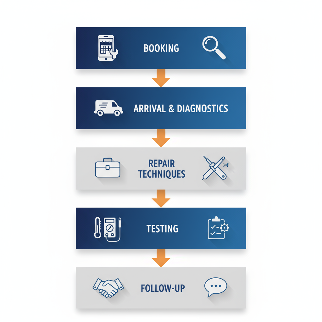 Step-by-step visual diagram of refrigerator repair process from booking to follow-up