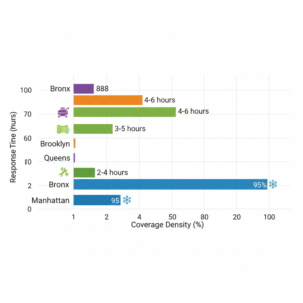 Horizontal bar chart showing Sub-Zero repair response times and coverage densities across NYC boroughs with icons for common issues