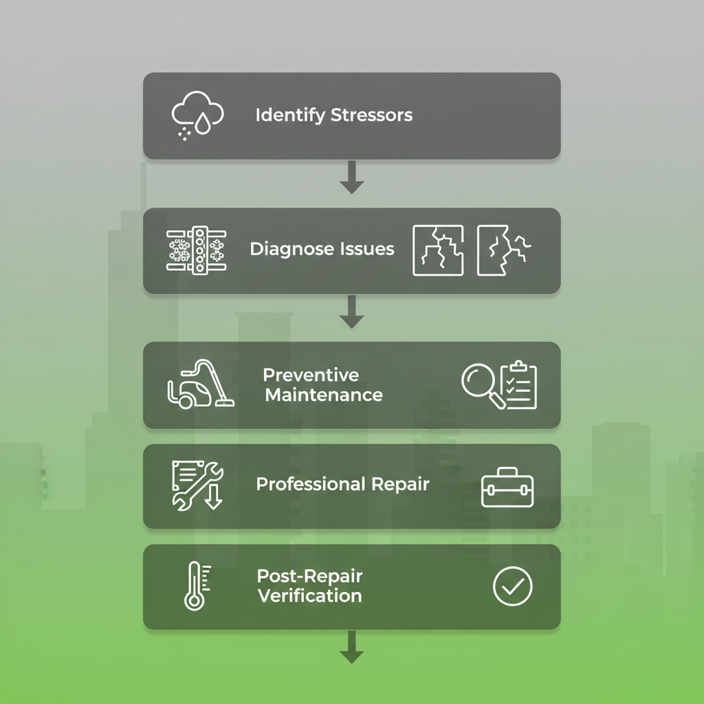 Vertical process flow illustrating five stages of addressing appliance repair challenges in Cleveland urban environments