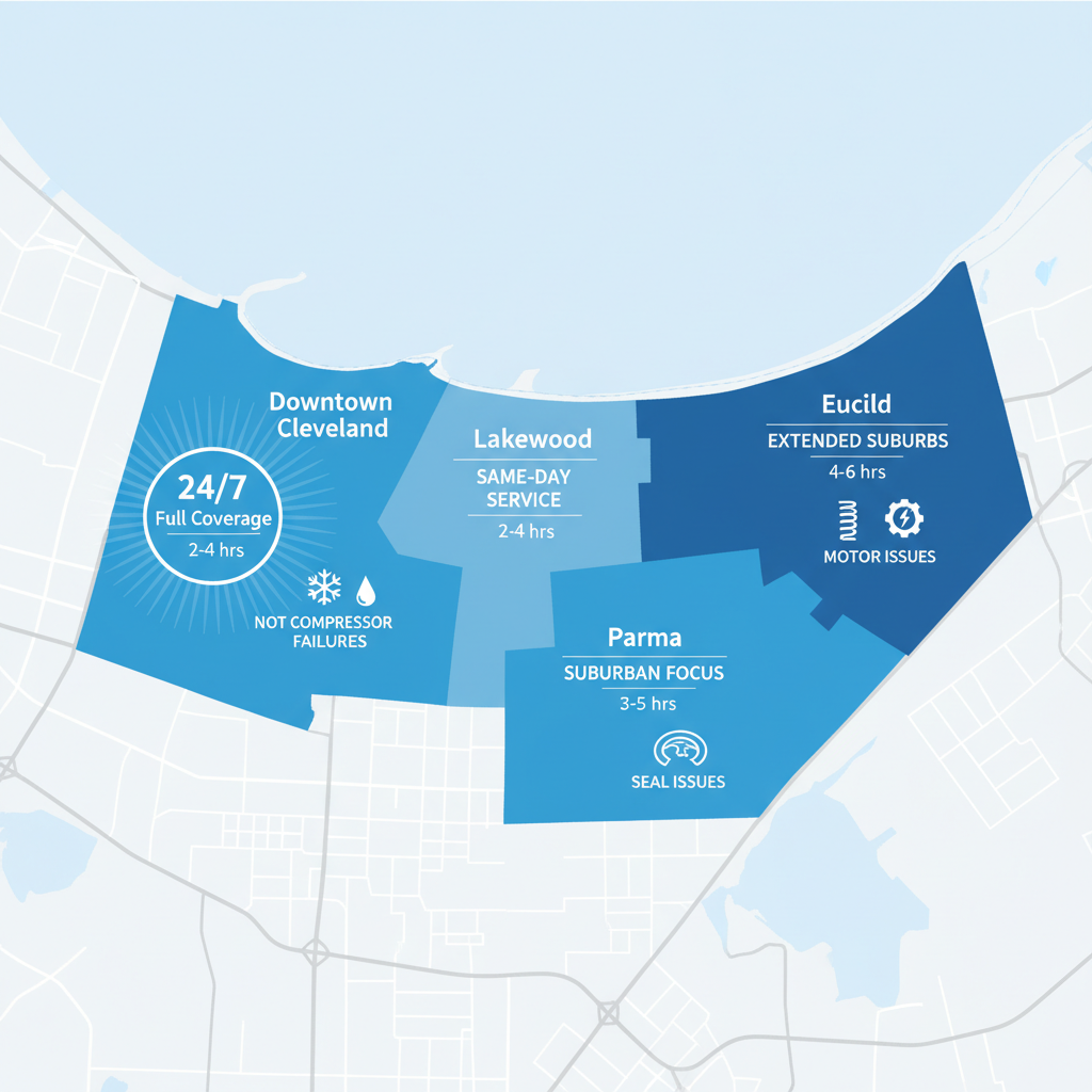 Infographic map showing refrigerator repair service coverage, response times, and common issues in Cleveland neighborhoods