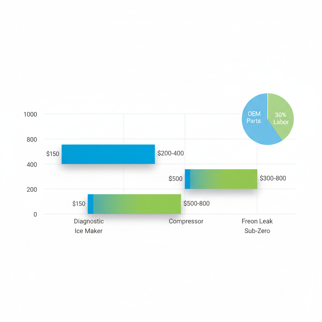 Bar chart showing Cleveland fridge repair costs for Samsung and Sub-Zero models with warranty breakdown pie chart inset