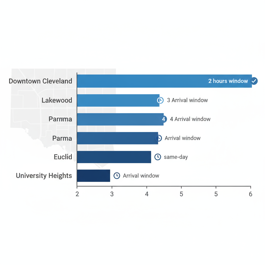 Horizontal bar chart illustrating refrigerator repair arrival times across Cleveland neighborhoods including Downtown, Lakewood, Parma, Euclid, and University Heights