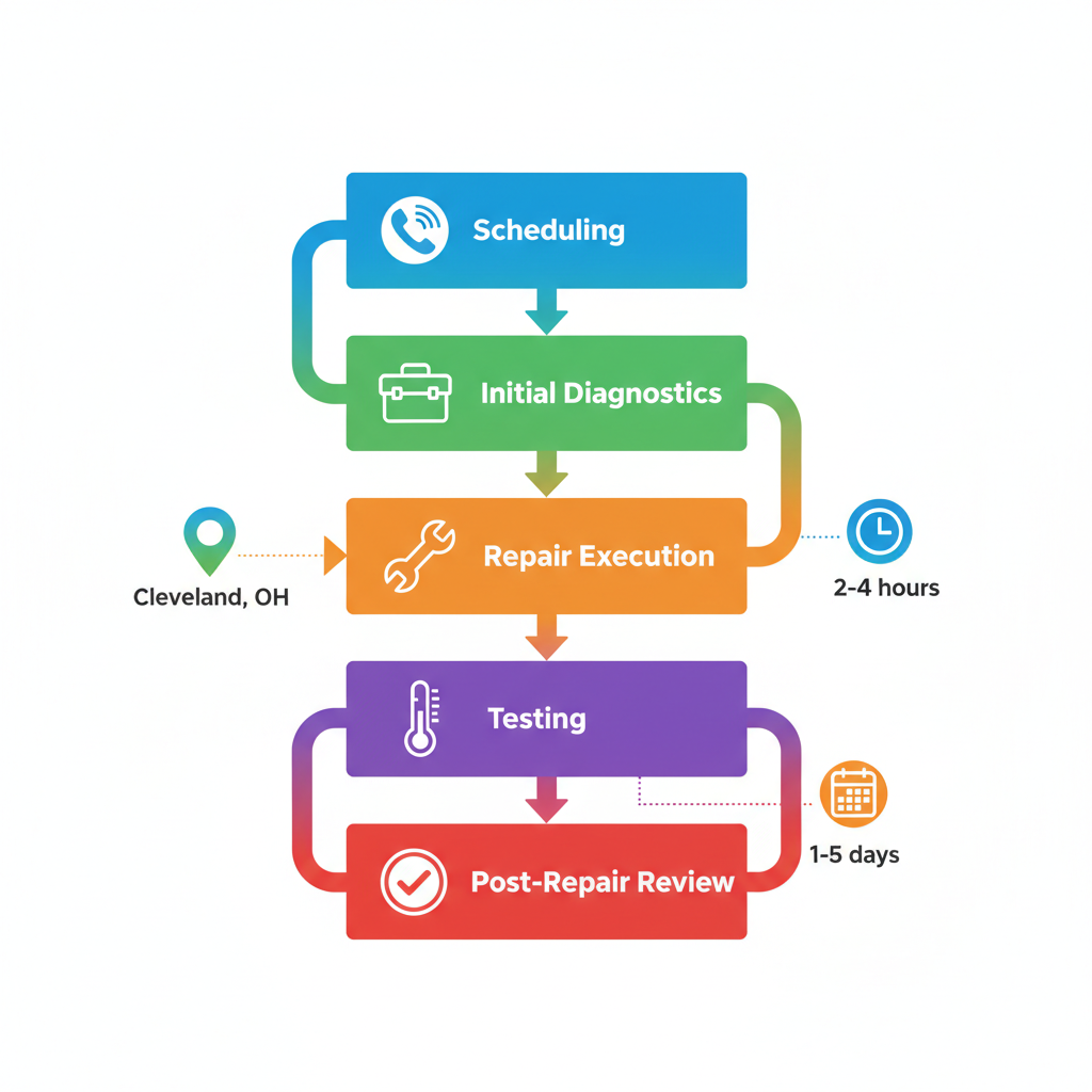 Vertical flowchart illustrating five stages of professional fridge repair process in Cleveland from scheduling to post-repair review