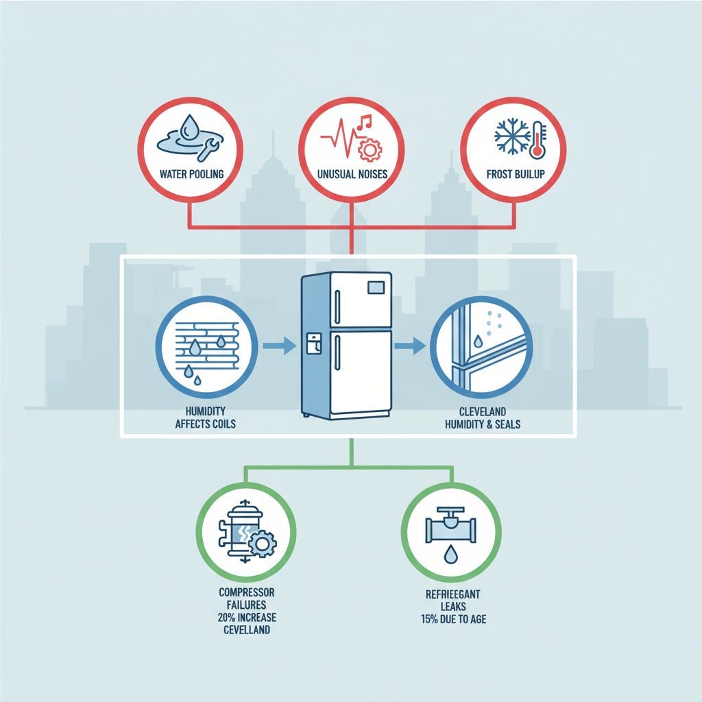 Visual summary of common fridge failure signs, cooling problems, and repair needs in Cleveland