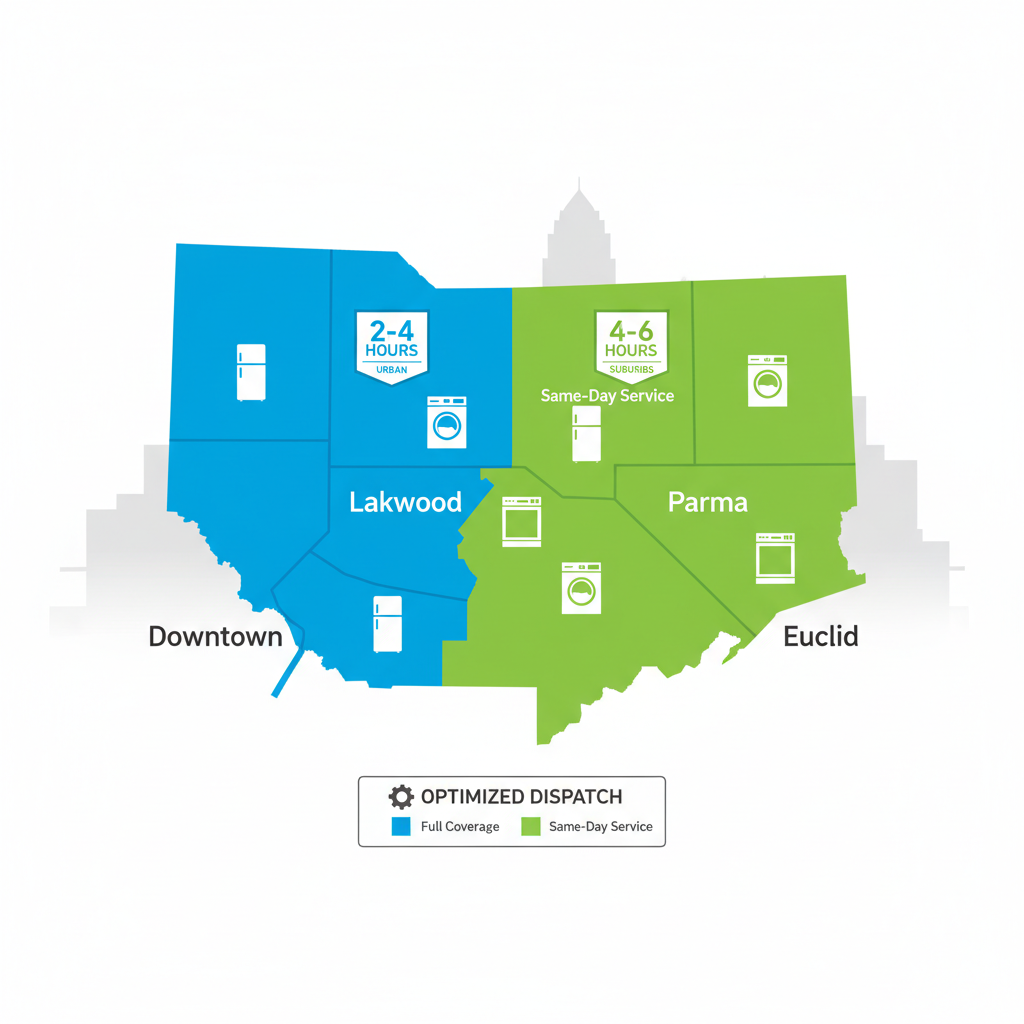 Infographic map showing appliance repair coverage zones and response times in Greater Cleveland neighborhoods