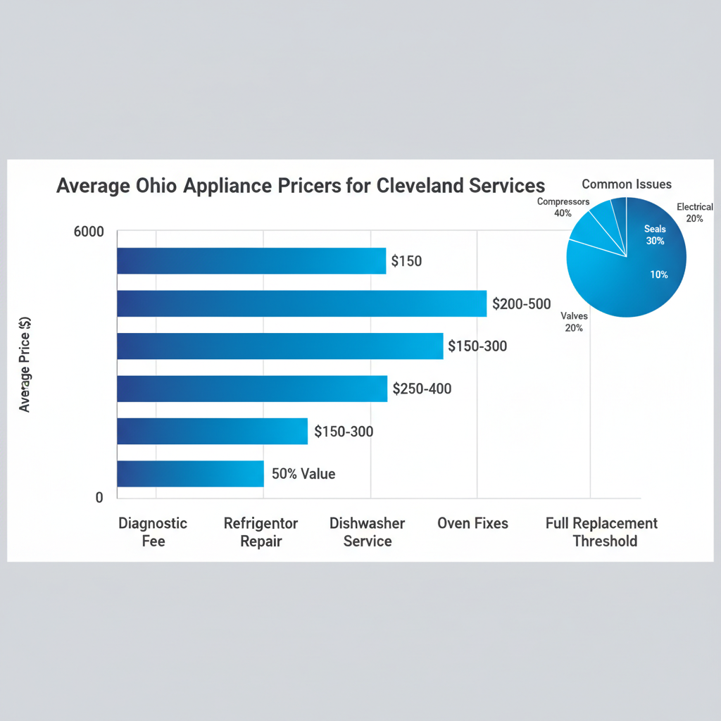 Bar chart of average appliance repair costs in Cleveland with pie chart inset showing common failure percentages