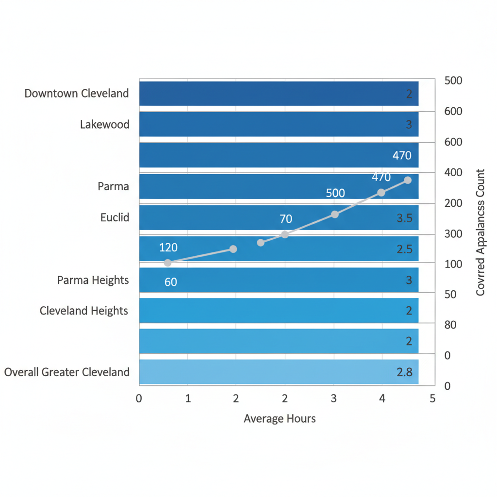 Horizontal bar chart showing Red Apple Appliance Repair average response times in hours across seven Greater Cleveland neighborhoods with secondary appliance coverage line