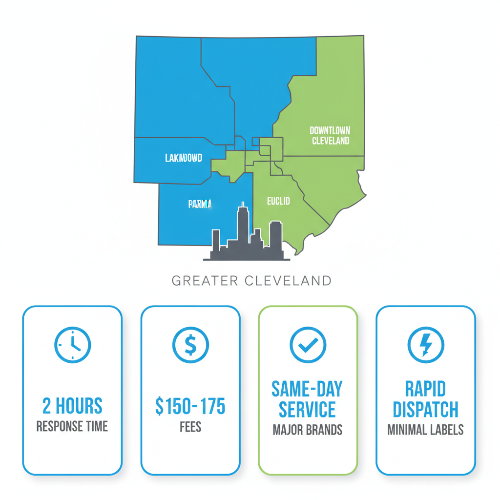 Infographic showing refrigerator repair coverage across Greater Cleveland neighborhoods with response times, fees, and service details