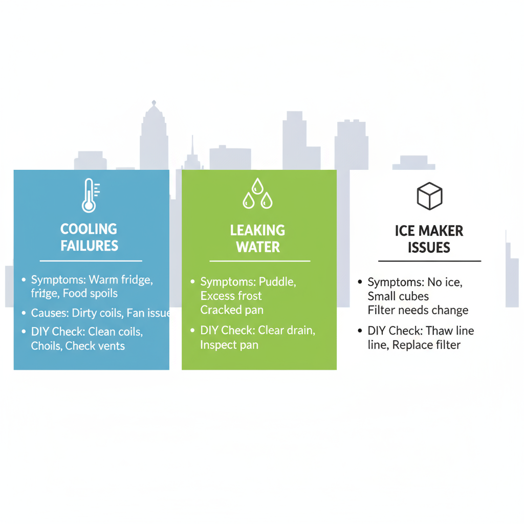 Infographic depicting common refrigerator issues: cooling failures, water leaks, and ice maker problems with icons and brief descriptions